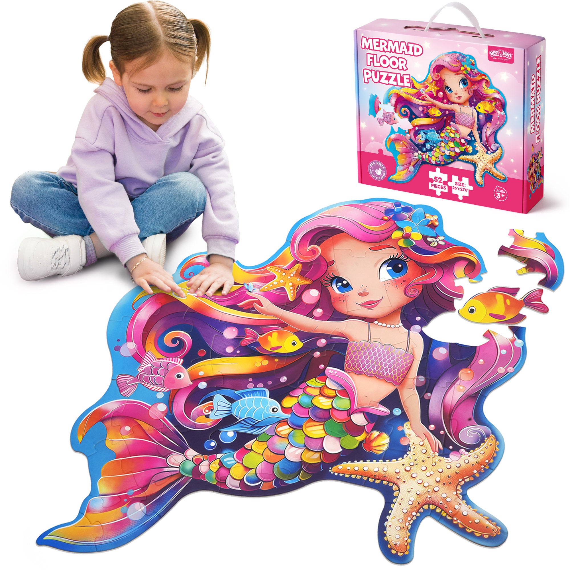 Large Floor Puzzle for Kids Ages 3-6 – Mermaid & Farm Animals Jigsaw Puzzle Set, Preschool Educational Toy for Boys Girls, Best Christmas Birthday Gift