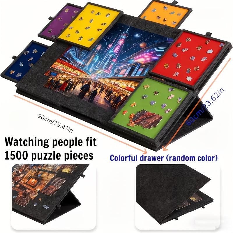 Felt Puzzle Board with 6 Colored Drawers & Tilting Stand – Portable 1000 & 1500 Piece Puzzle Table with 2-in-1 Bracket Cover for Adults