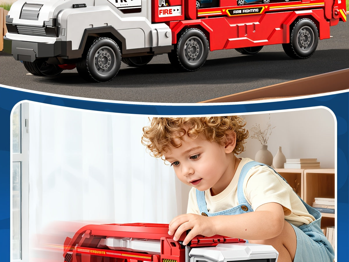 3-in-1 Kids Carrier Truck Toy with Car Tracks, 12 Racing Cars, Foldable Race Track & Garage – Toddler Birthday Gift for Boys Girls Ages 3+, Red