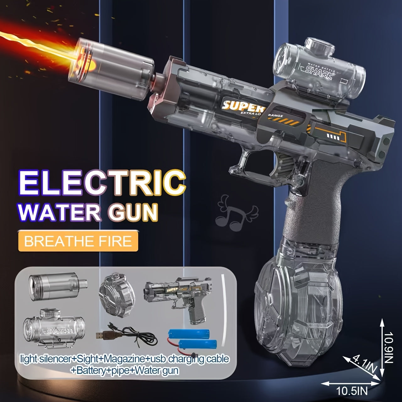Electric Water Gun Handheld 32 Feet Range, Fire Pulse Flame Bubble Effect with LED Light & 2 Rechargeable Batteries, High Capacity Squirt Gun for Kids & Adults Pool Beach Backyard Outdoor Toy