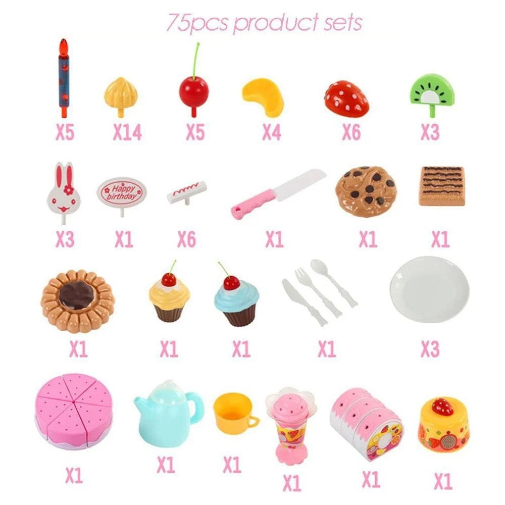 Birthday Cake Tea Party Play Food Toy Set Kids Pretend Play Cake Decorating Dessert Accessories 75-85pcs Girls Ages 3+