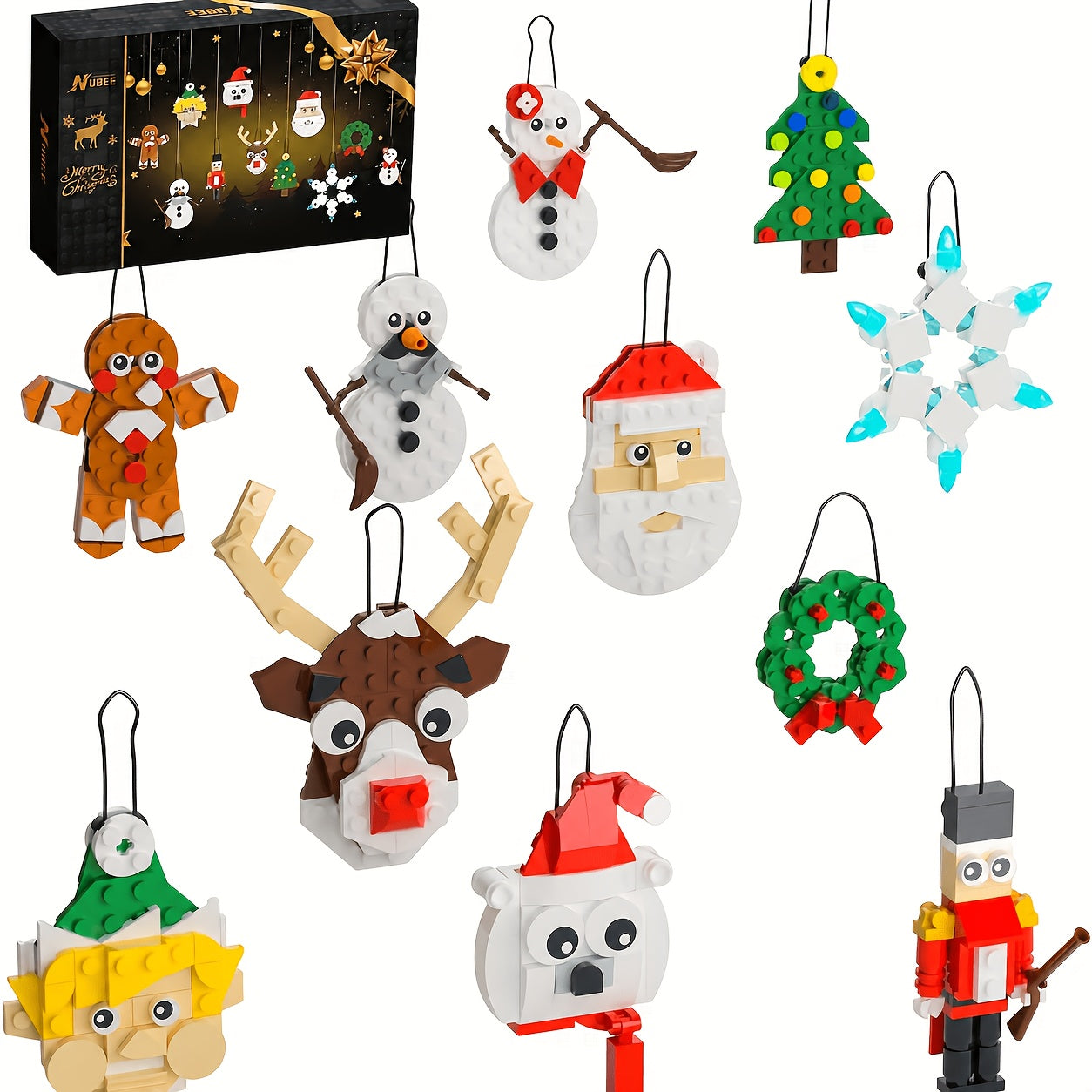 Christmas Building Blocks Ornament Set 11-in-1 382pcs - Santa Snowman Reindeer Nutcracker Tree Wreath Gingerbread Snowflake with Hanging String - Holiday Gift for Kids Adults Ages 6+