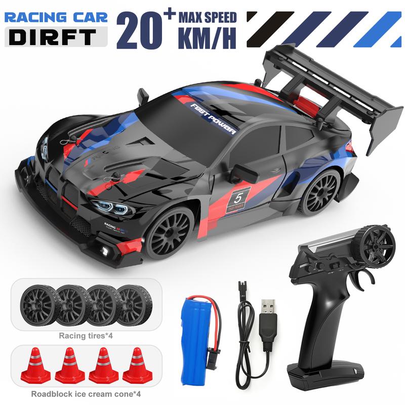 4WD RC Drift Car with Dual Rechargeable Batteries, 1:24 Scale 2.4GHz Remote Control Racer with LED Lights and Swap Tires for Kids Ages 5+