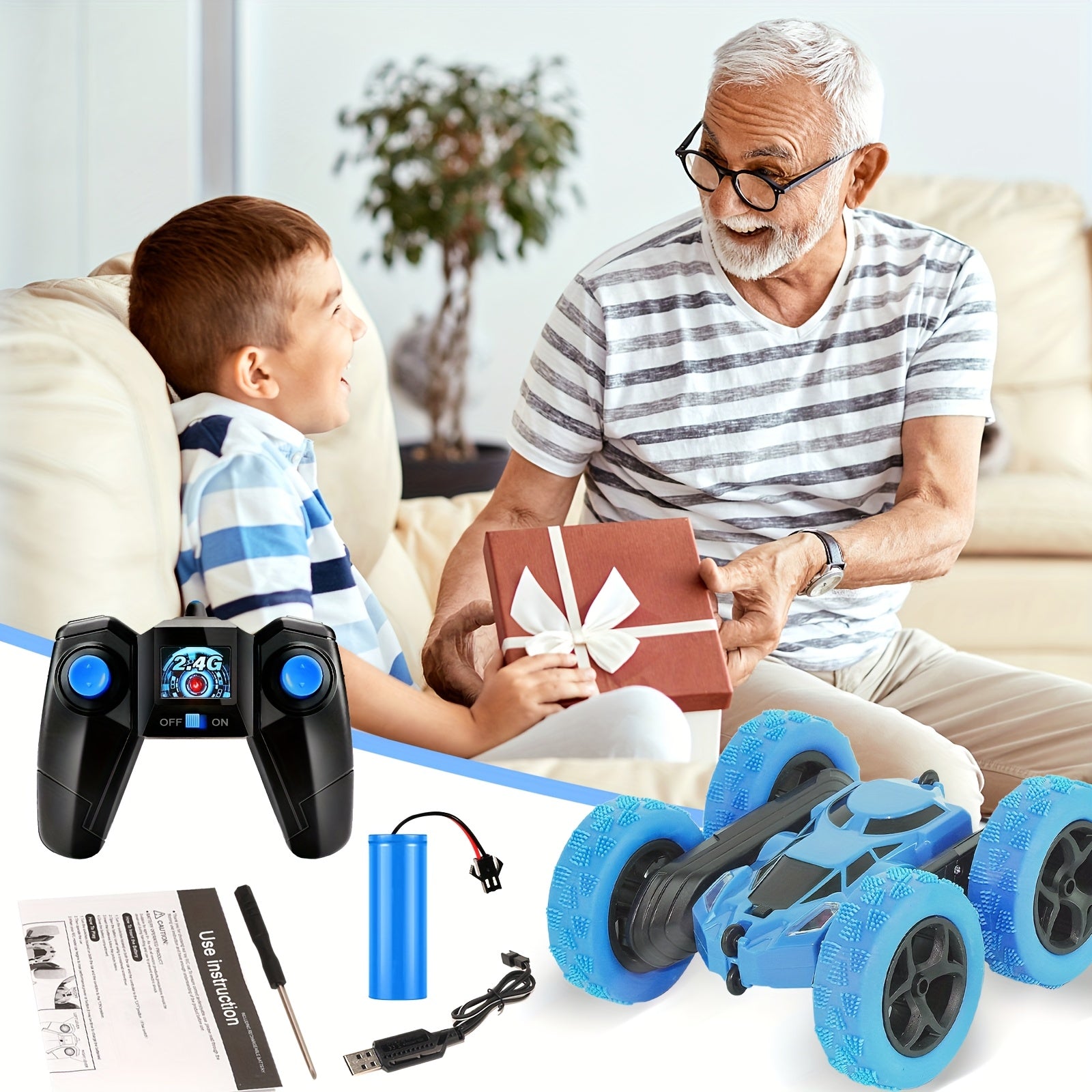 RC Stunt Car Double Sided 360 Flip 4WD Remote Control Car 2.4GHz LED Headlights 1400mAh Rechargeable Battery All Terrain Kids Boys Ages 6+ Birthday Christmas Gift