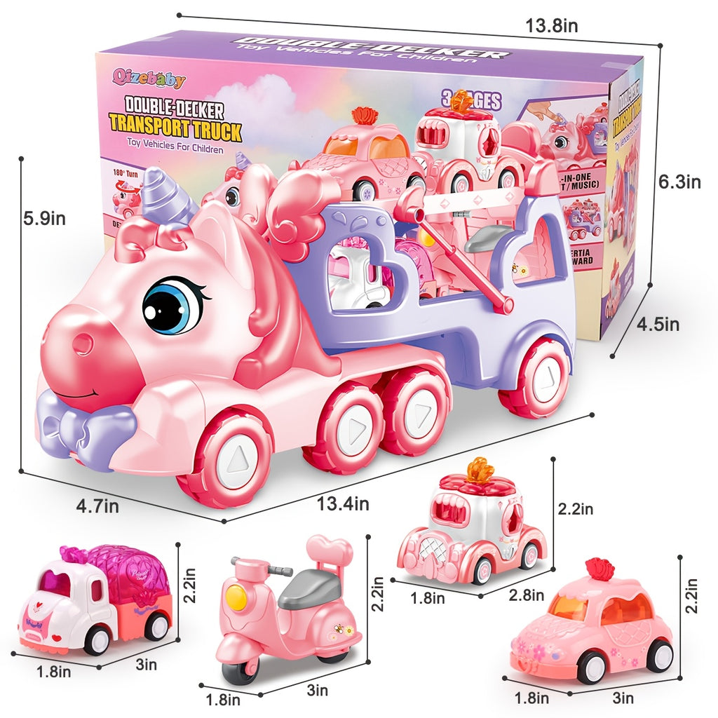 Pink Carrier Truck Toy with 4 Mini Cars Pull-Back Music Lights - Transport Vehicle Toy for Toddlers Ages 3+, Birthday Easter Gift for Boys & Girls