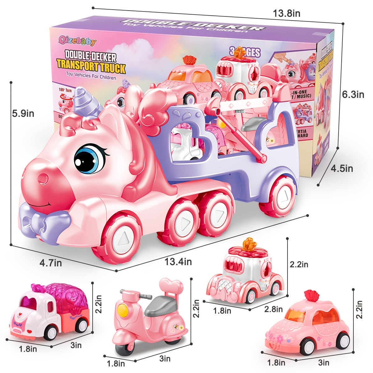 Pink Carrier Truck Toy with 4 Mini Cars Pull-Back Music Lights - Transport Vehicle Toy for Toddlers Ages 3+, Birthday Easter Gift for Boys & Girls