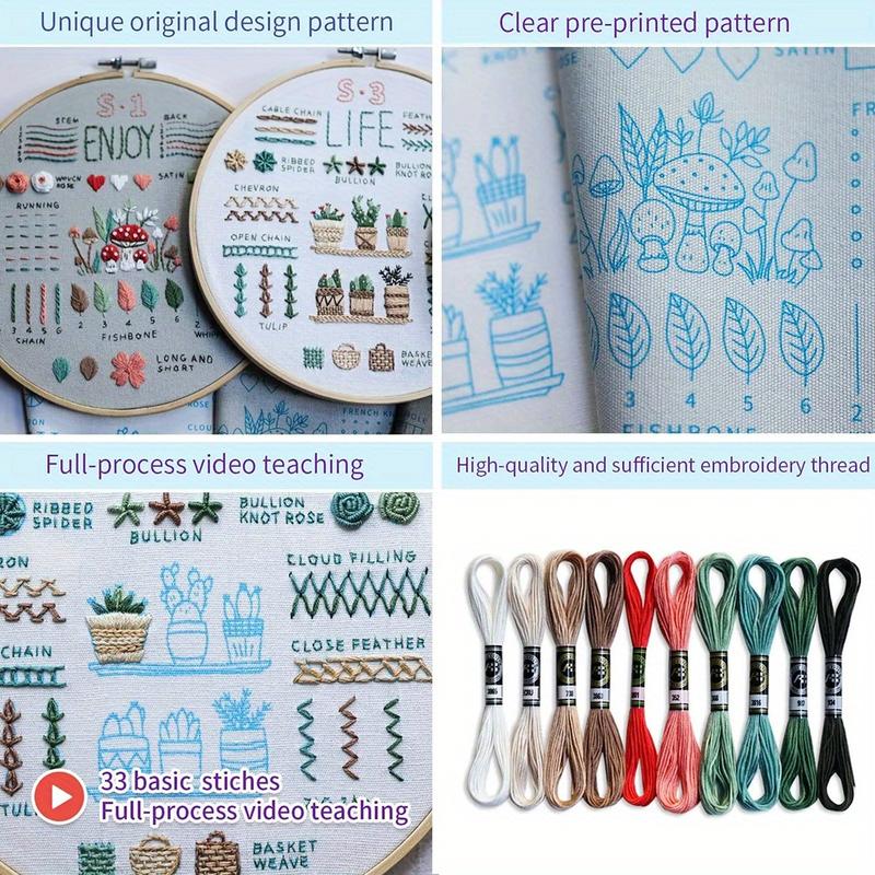 Embroidery Starter Kit for Adults, Beginner Floral Stamped Patterns with 33 Stitch Techniques, 7-Inch Hoop, Colorful Threads and Sewing Tools