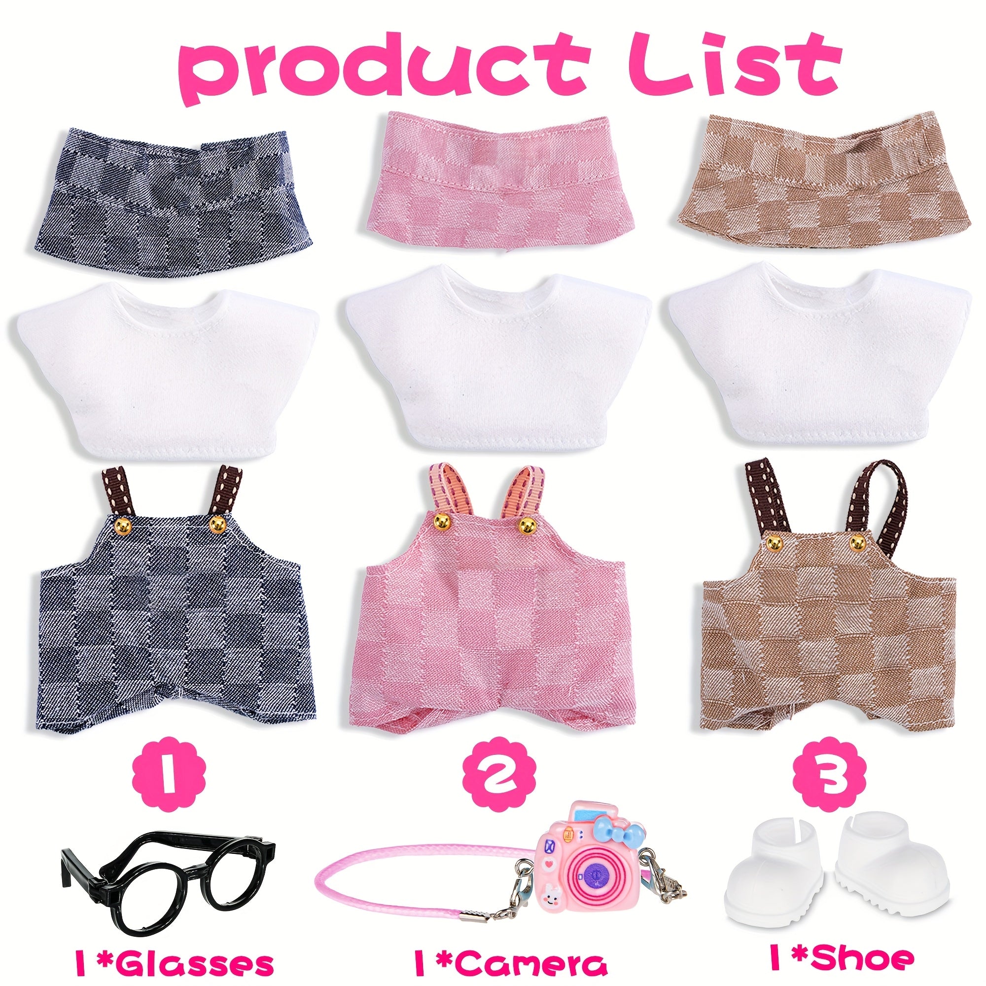 Labubu Doll Clothes 3 Outfits for 17cm Plush Dolls – Hats Shirts Pants Glasses Backpack Shoes Casual Dress-Up Accessories Kit No Doll Kids Collectors Gift