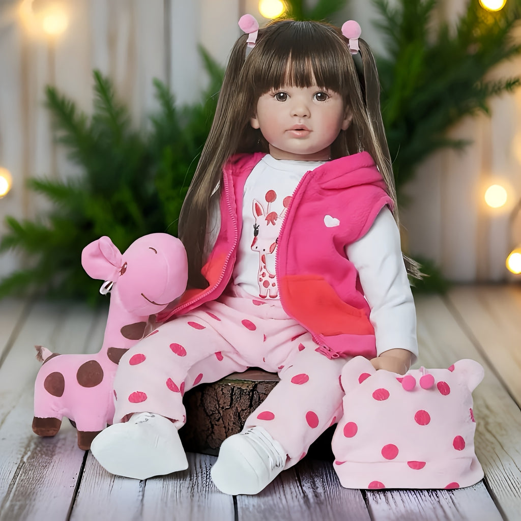 Realistic Reborn Baby Doll 24 Inch Princess with Long Dark Hair – Handmade Soft Vinyl Cloth Body Newborn Girl Gift with Outfit Pacifier Bottle & Birth Certificate