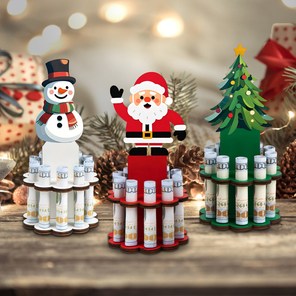 Christmas Money Holder Tree 3-Set Wooden Money Dispenser with 10 Holes – Xmas Ornament Table Decor for Holiday Party Favors Winter Gift Giving