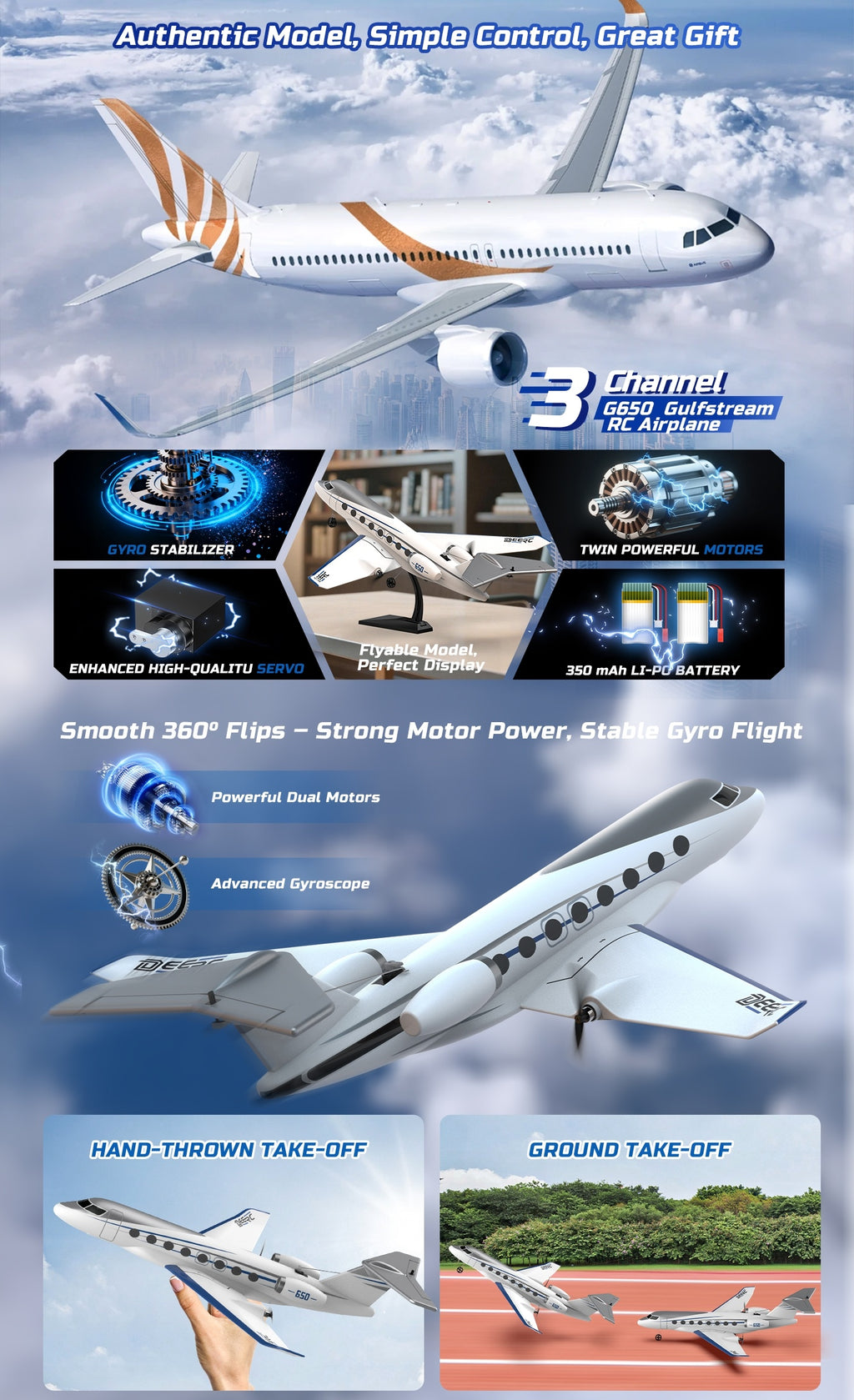G650 RC Plane Private Jet – 3-Channel 2.4GHz 6-Axis Gyro Stabilized Glider with 20-Min Flight Time, EPP Foam, Display Stand for Beginners & Adults
