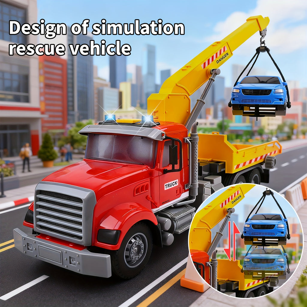 13-Inch Tow Truck Toy for Kids with Lights & Sounds – Friction Powered Transport Crane Truck with Movable Arm & Roadster, Birthday Gift for Boys Ages 3 4 5 6