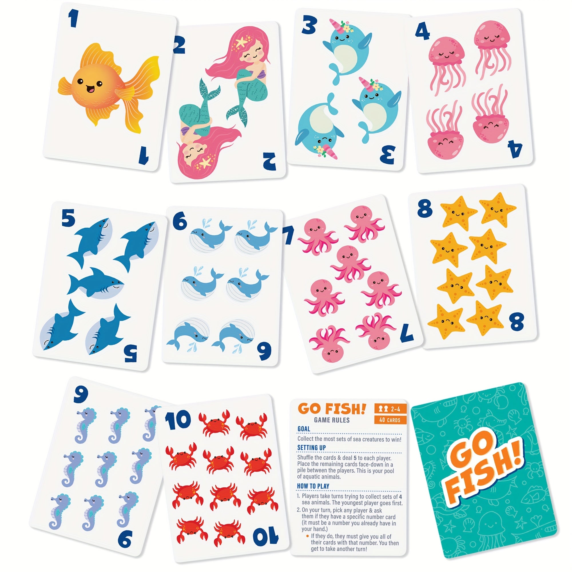 6-in-1 Kids Card Games Set Go Fish Old Maid Crazy Eights Memory Match Slap Jack Animal Cards 6 Decks Family Game Night Ages 4+ Birthday Gift
