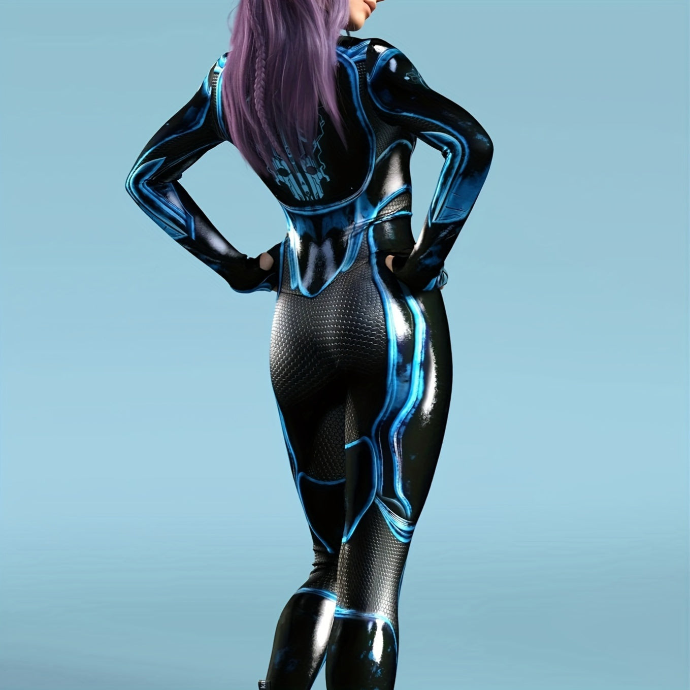 Halloween Mecha Jumpsuit Sci-Fi Futuristic Blue & Black High-Gloss Zippered Bodysuit Costume for Adults