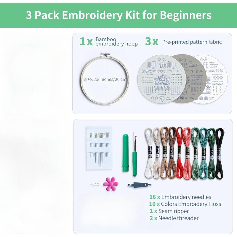 Embroidery Starter Kit for Adults, Beginner Floral Stamped Patterns with 33 Stitch Techniques, 7-Inch Hoop, Colorful Threads and Sewing Tools