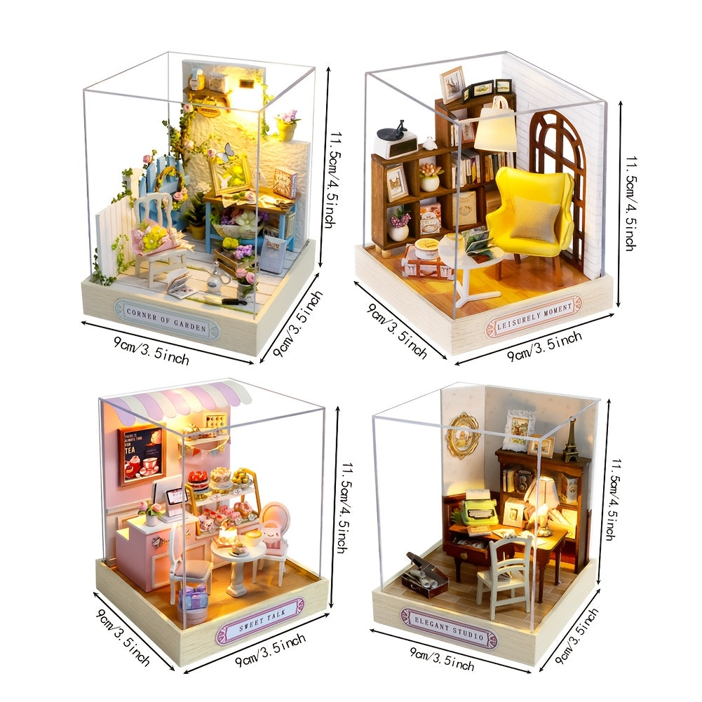 Miniature Dollhouse Kit with Dust Cover – Realistic Mini Doll House Display 4 Styles No Glue Needed for Doll Collectors Teens Adults Ages 14+ Christmas Birthday Gift