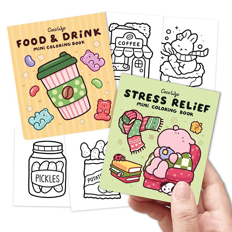 Mini Coloring Books for Adults, Coco Wyo Set of 2 with Stress Relief & Food and Drink Themes, 3 x 3.5 Inch Pocket Travel Art Gift
