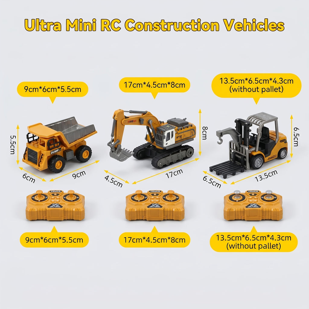 1:64 RC Construction Vehicle Set – 9-Channel Alloy Dump Truck, Forklift & Excavator with 2.4GHz Remote, Diecast Metal Body Mini Desk Toys
