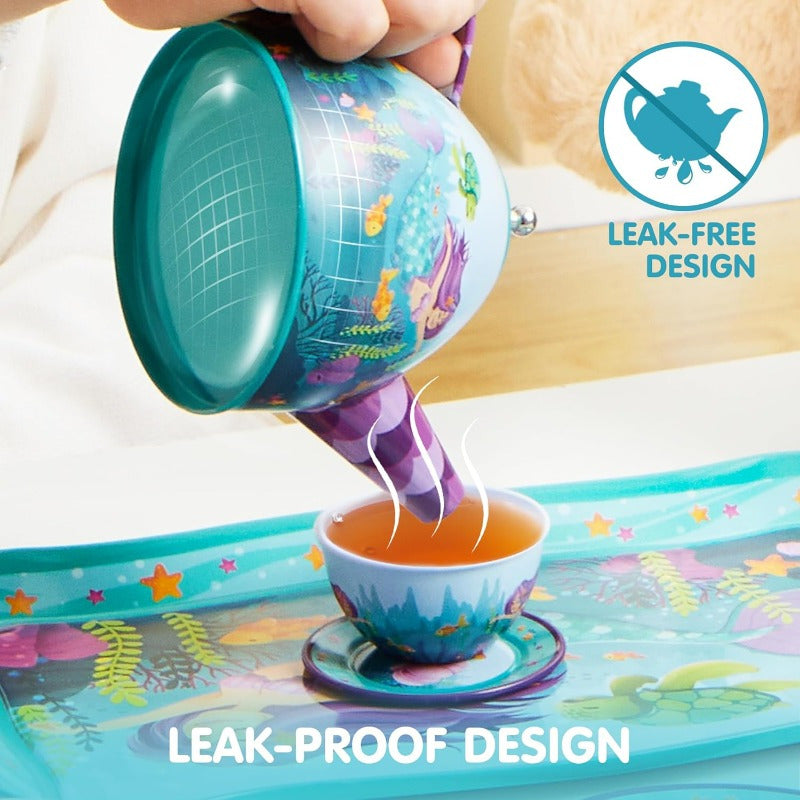 Mermaid Tea Party Set for Girls 14-Piece Tin Teapot Cups Plates Carrying Case Princess Pretend Play Kitchen Toy Kids Age 3+ Christmas Birthday Gift