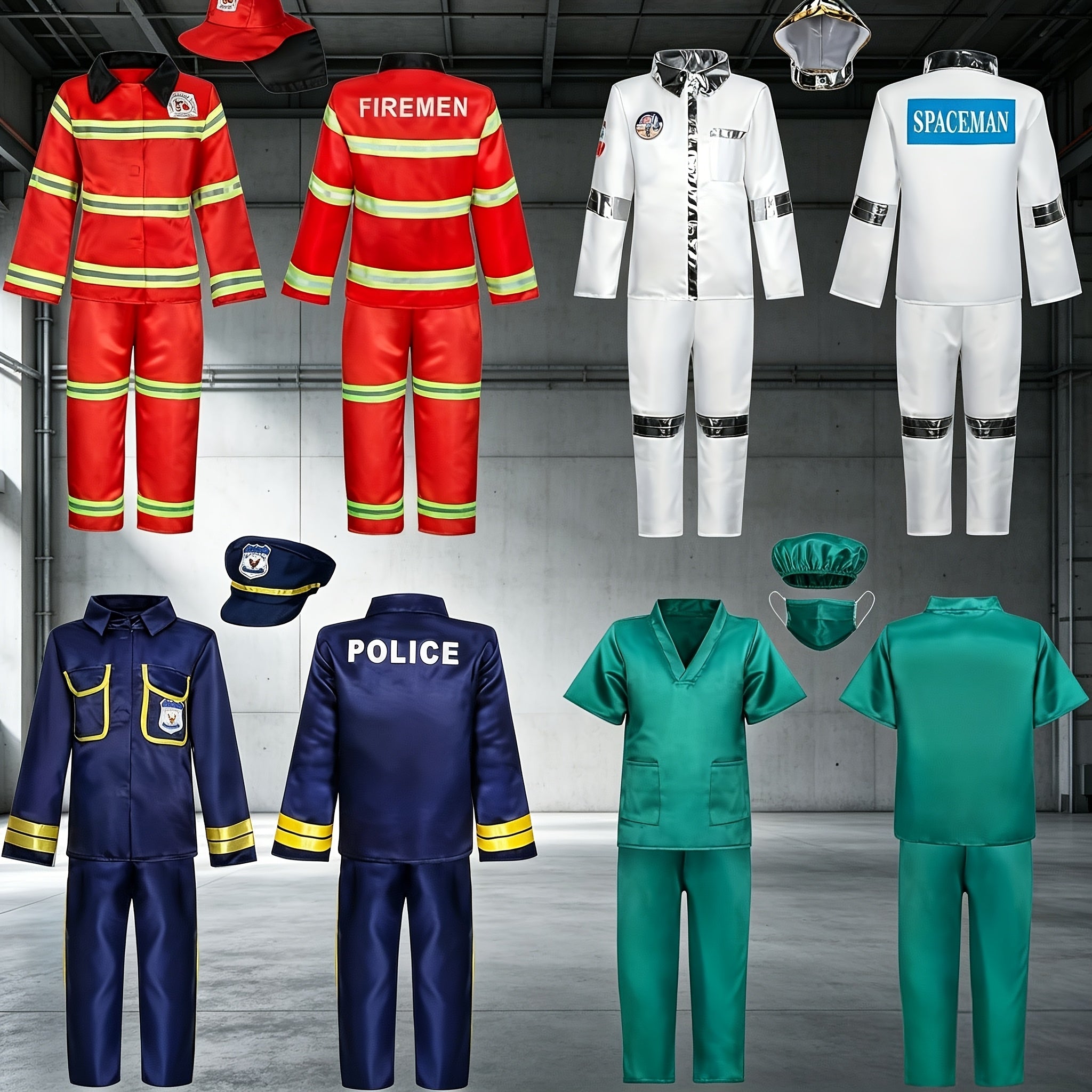Kids Dress Up Costumes 4-in-1 Role Play Set - Firefighter Police Astronaut Doctor Boys Girls Ages 3-6 Years Birthday Gift