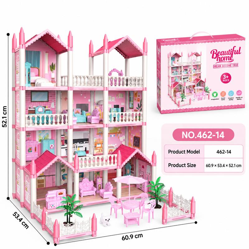 Dollhouse with Lights by CUTE STONE, 14 or 16 Room Princess Playhouse with Furniture and Accessories, Pink or Blue Pretend Play Gift for Kids Ages 3+
