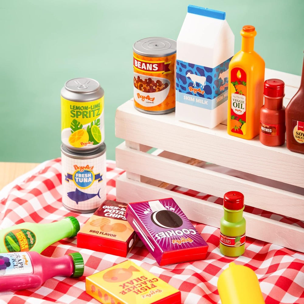 30-Piece Play Food Grocery Cans Set – Pretend Kitchen Additions with Drink, Juice, Snack & Yogurt Cans for Kids, Easter Basket Stuffers & Party Favors