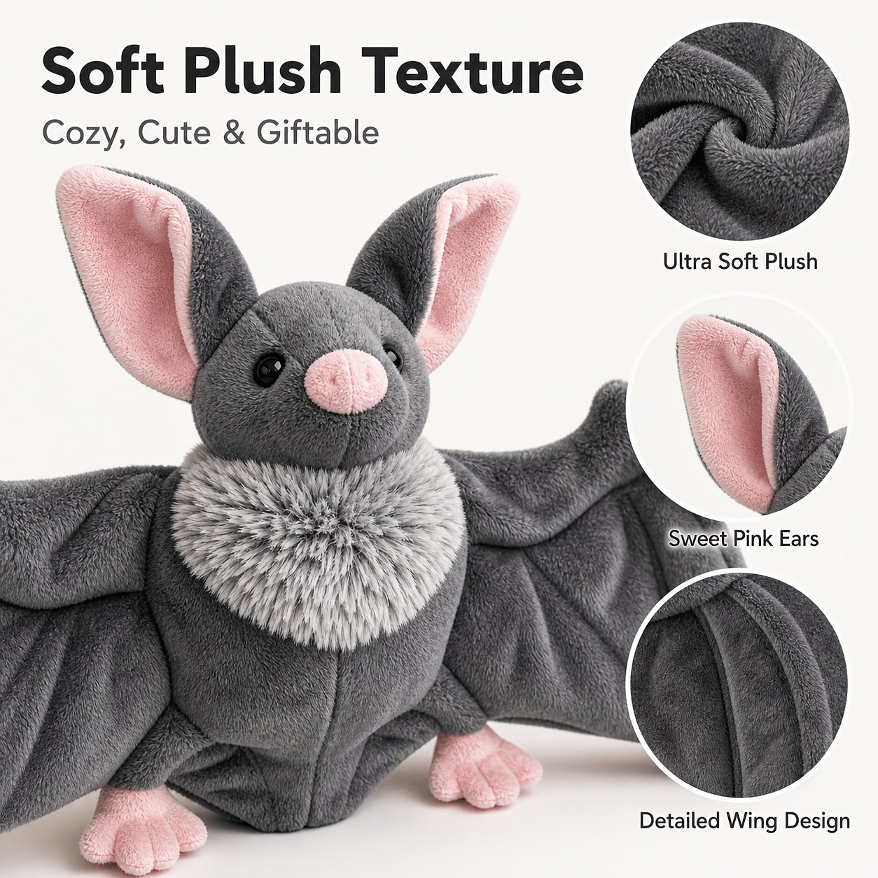 Giant Bat Stuffed Animal Plush 23 Inch Grey – Cute Spooky Soft Bat Plush Toy with Wide Wings, Halloween Decor, Car Decor & Gift for Animal Lovers