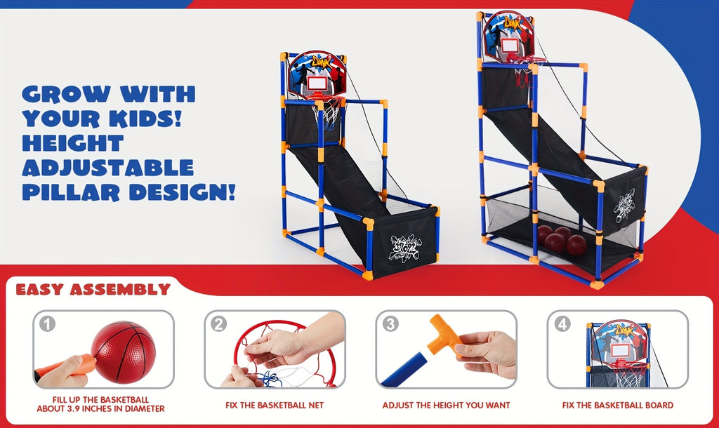 Kids Arcade Basketball Hoop Set with 4 Balls & Air Pump - Adjustable Height Indoor Outdoor Sport Game for Kids Ages 3+, Easy Assembly