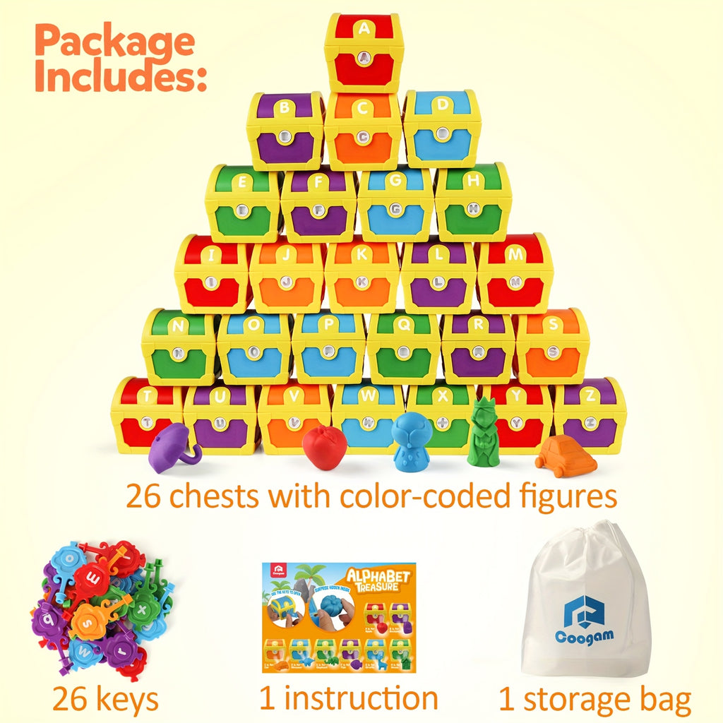 Alphabet Treasure Hunt Learning Toy 26pcs ABC Letter Matching Locks and Keys - STEM Educational Sorting Game Fine Motor Skills Gift for Kids Toddlers