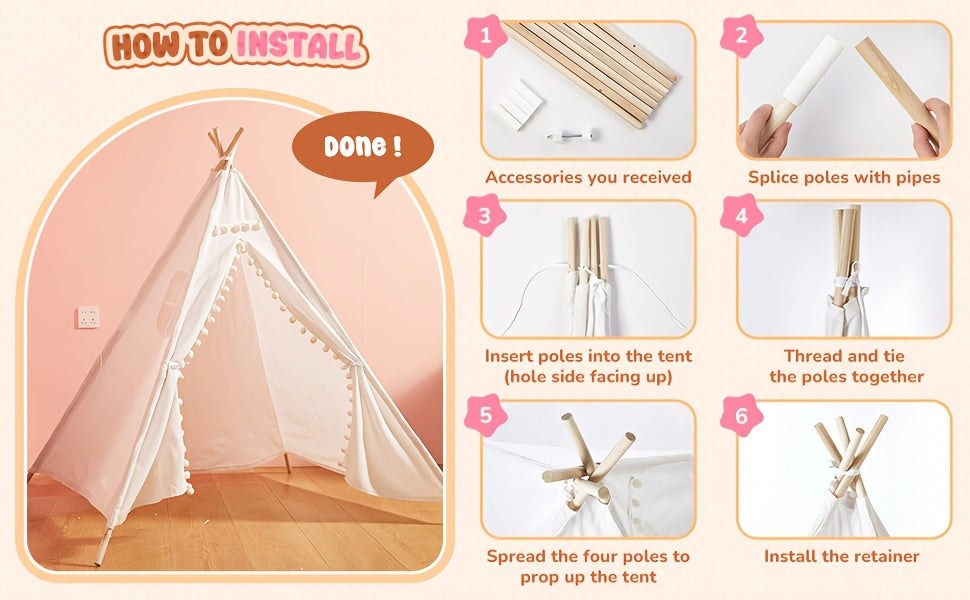 Kids Teepee Tent for Girls Boys, Indoor Outdoor Play Tent with Washable Fabric, Nordic Princess Conical Playhouse for Bedroom Backyard, Birthday Christmas Gift Ages 3+ (No Padding)