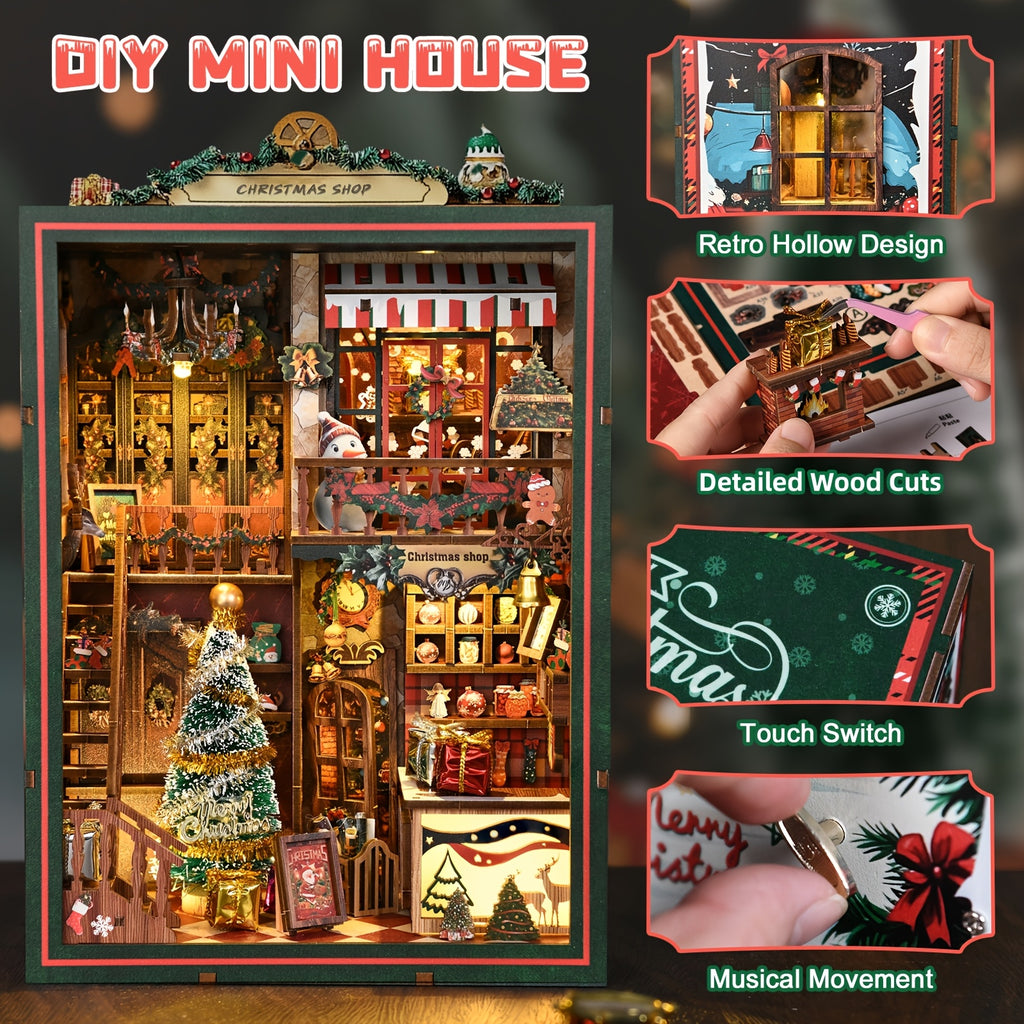 Christmas Shop Book Nook Kit – 3D Wooden Miniature House DIY Bookshelf Insert for Adults & Teens, Cozy Holiday Tiny House Craft, Christmas & New Year Gift, Home Decor