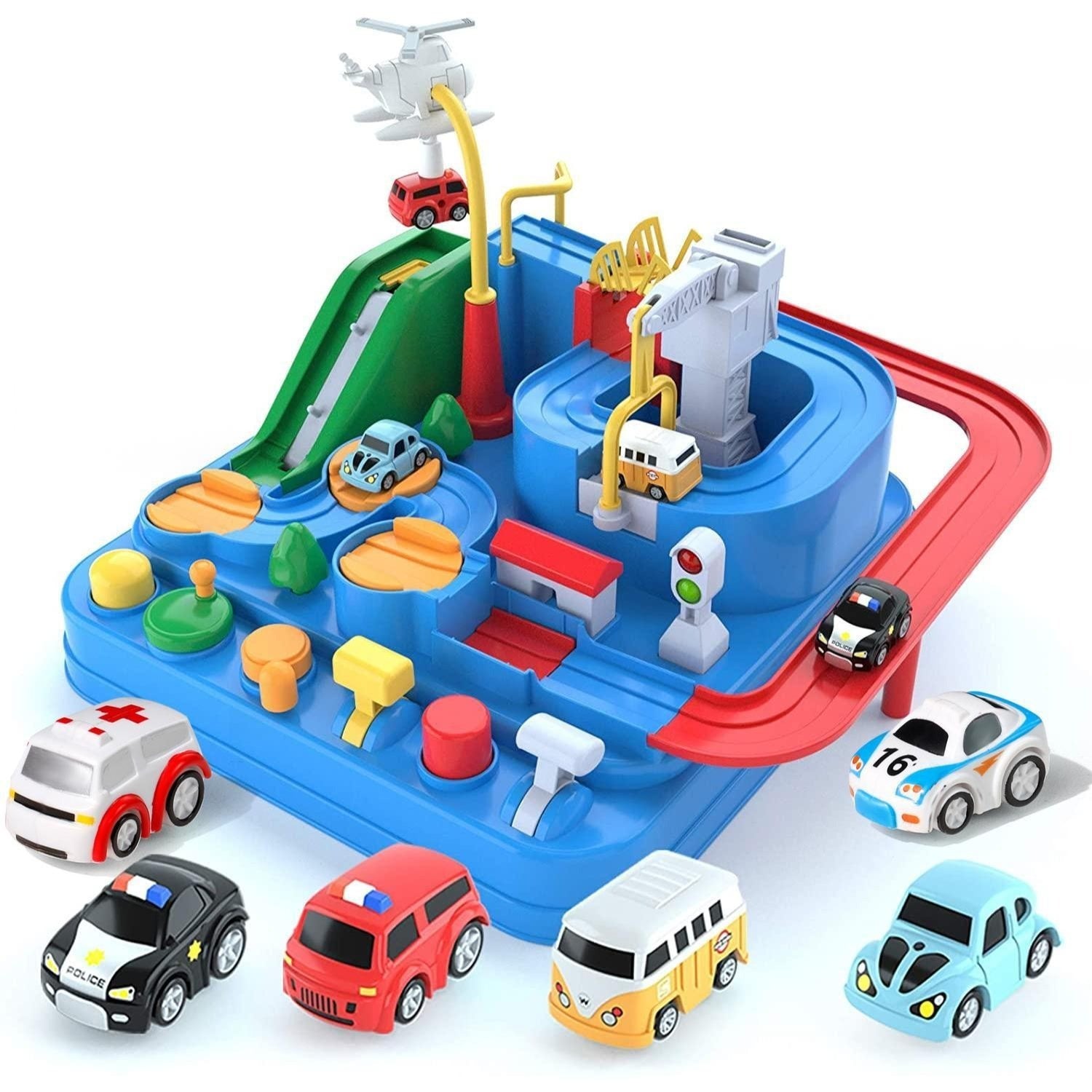 Kids Manual Race Track Playset 8-Level with 6 Mini Cars – Car Adventure Toy with Helicopter, Parking Lot, Sliding Rail & Checkpoint, No Battery Needed, Birthday Gift for Boys Girls Toddlers