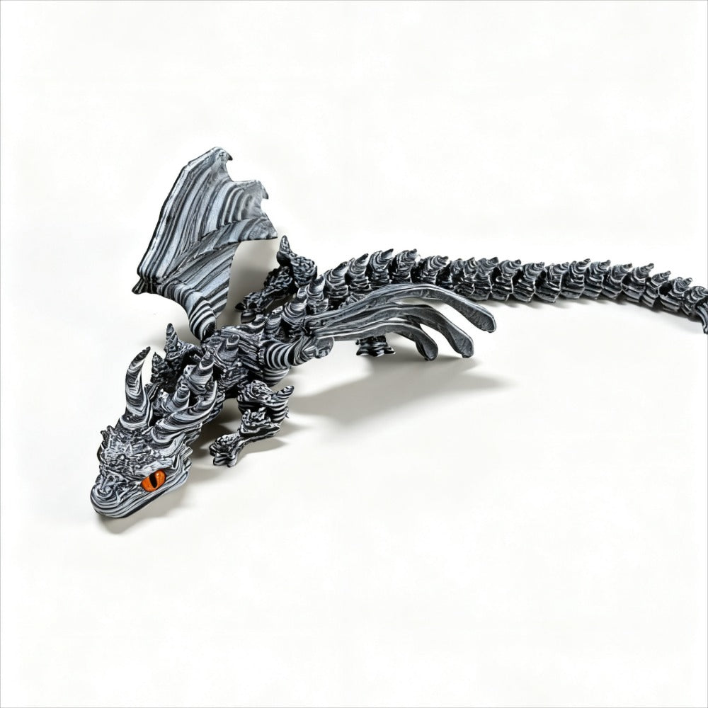 Articulated Cybernetic Dragon Statue 3D Printed Figurine – Black & White Swirl, Random Eye Color, Poseable Desktop Collectible Art Gift for Dragon Lovers & Teens