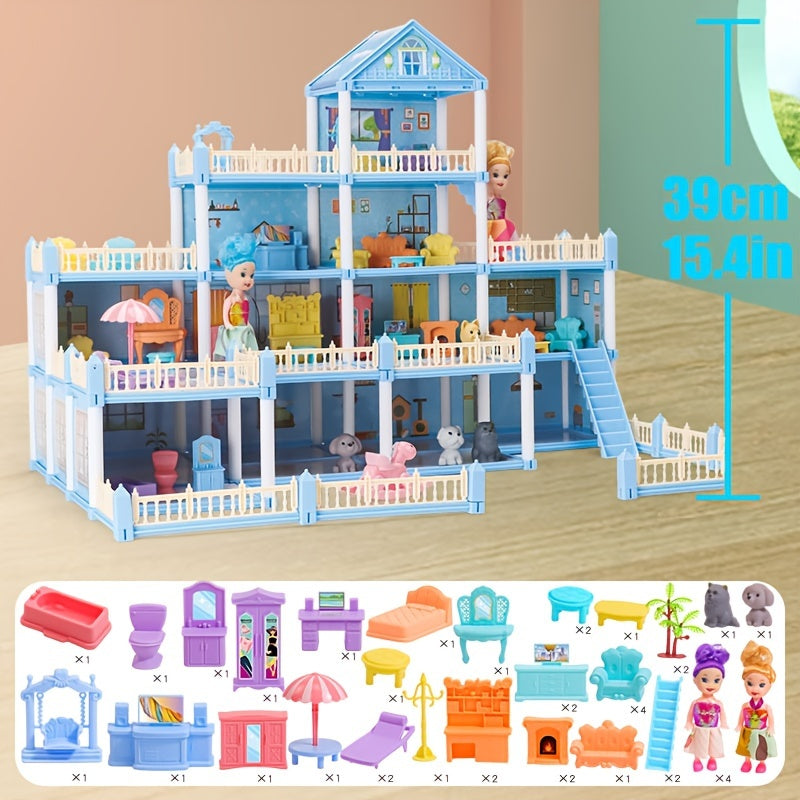 Dollhouse Princess Castle with Furniture – 11 to 27 Room Doll Villa Play Set for Girls Logical Thinking Toy Birthday Christmas Gift Kids Ages 3+ Pink Blue