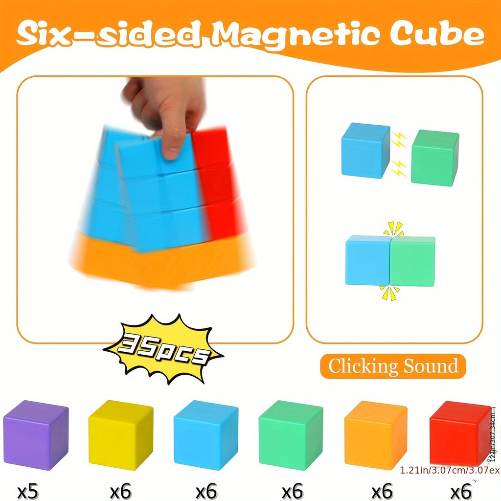Magnetic Building Blocks for Toddlers 35 Piece STEM Sensory Cube Set – Rainbow Colors Activity Booklet for Kids Ages 3-5, Educational Construction Toy Bath-Safe Gift for Boys & Girls