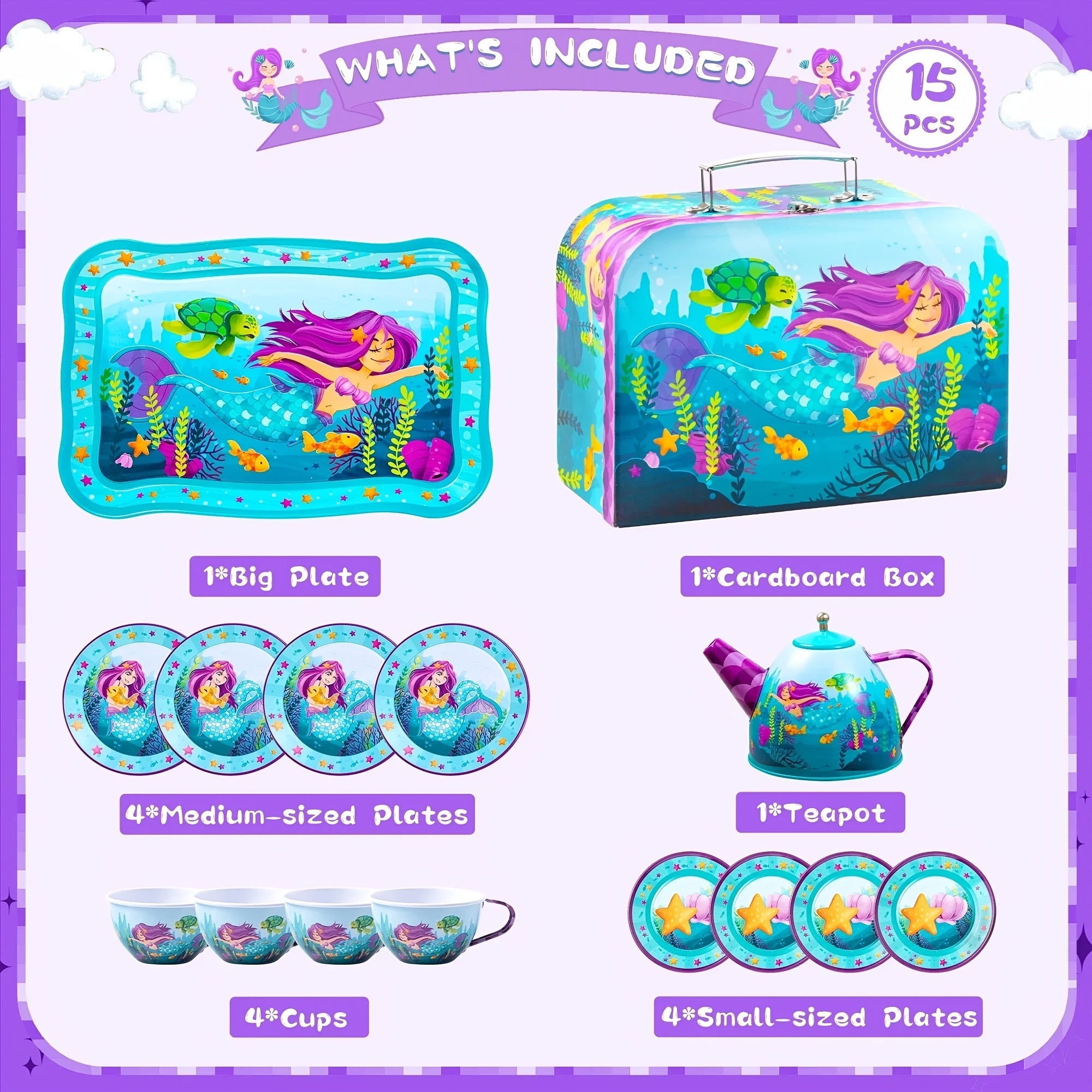 Mermaid Tea Party Set for Girls 14-Piece Tin Teapot Cups Plates Carrying Case Princess Pretend Play Kitchen Toy Kids Age 3+ Christmas Birthday Gift