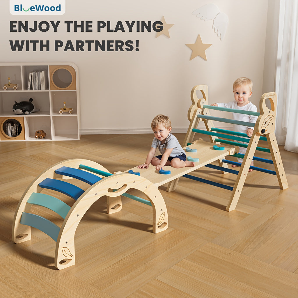 Pikler Triangle 8-in-1 Foldable Wooden Climbing Set Toddlers Indoor Jungle Gym with Slide Arch Rocker Montessori Toy Ages 1 2 3 4 5 Birthday Christmas Gift