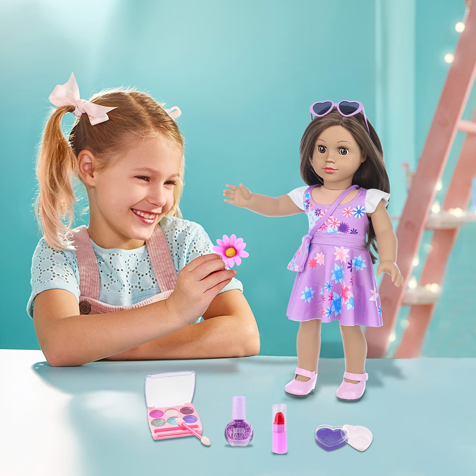 18 Inch Doll Clothes & Makeup Accessories Set – Skirt, Handbag, Hairpin, Eyeshadow, Nail Polish & Lipstick for 18 Inch Dolls Gift Ages 3+