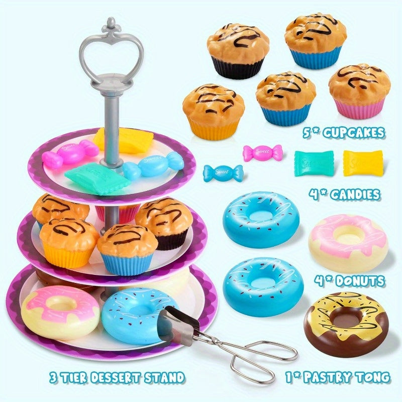 Mermaid Tea Party Set for Kids 35 Pcs Pretend Play Tin Teapot Set with Desserts 3-Tier Cake Stand Carrying Case Princess Tea Time Birthday Easter Christmas Gift