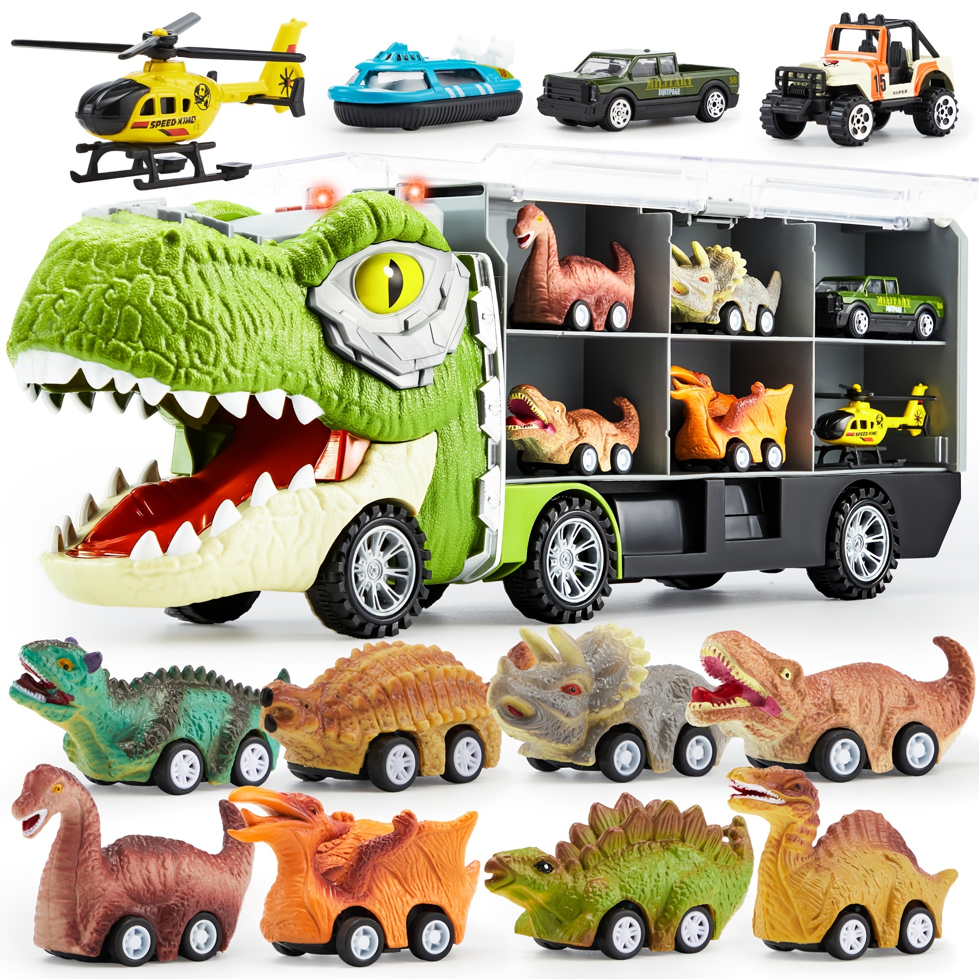 Dinosaur Truck Toy Set 13-in-1 for Kids – Transport Carrier with Sound & Lights, 12 Pull-Back Dino Cars & Helicopter, Birthday Gift for Boys Ages 3 4 5