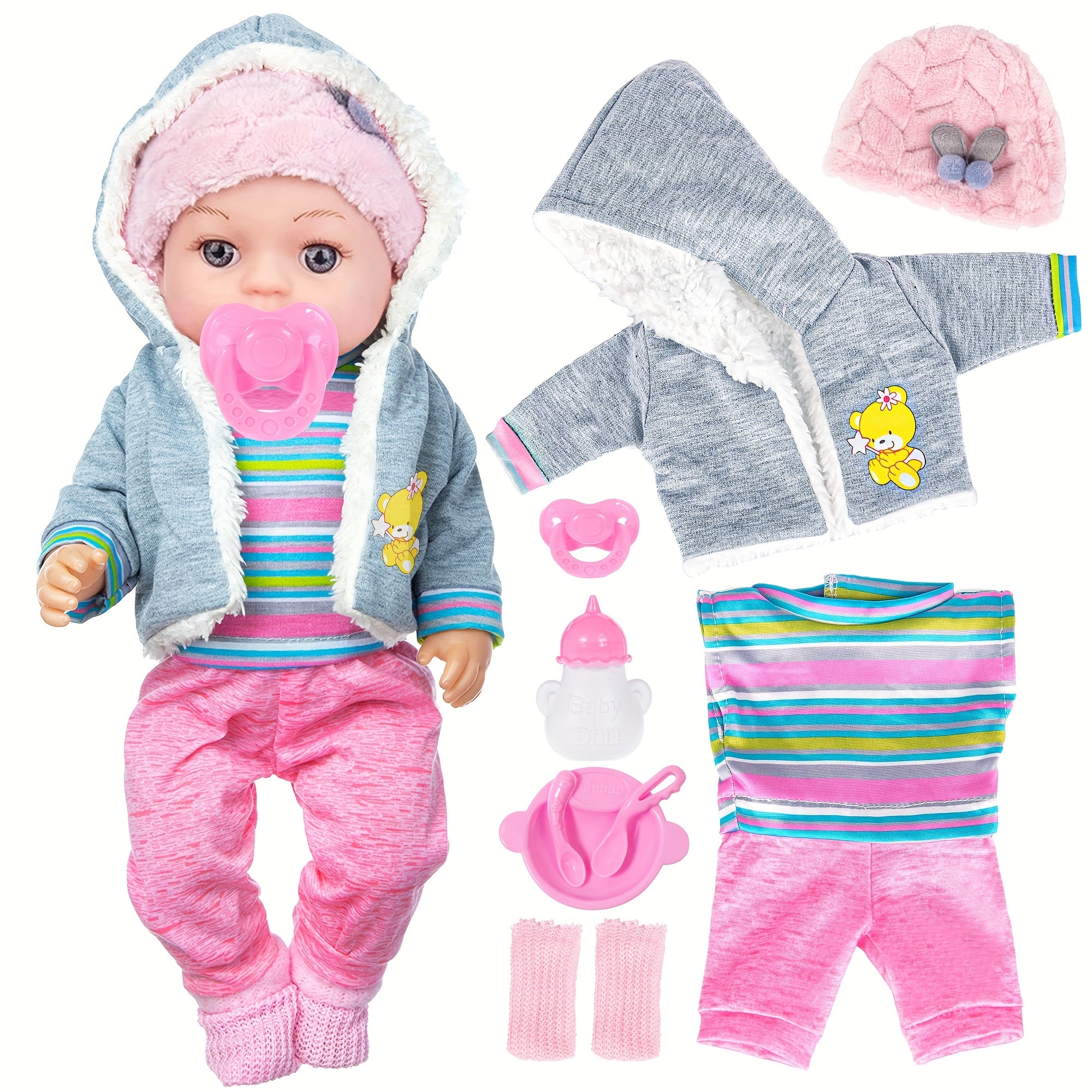 12 Inch Baby Doll Complete Playset with Clothes & Accessories – Hat, Coat, Romper, Socks, Tableware, Bottle & Pacifier Included, Soft Safe Nurturing Play Gift for Kids Ages 3+, 30cm