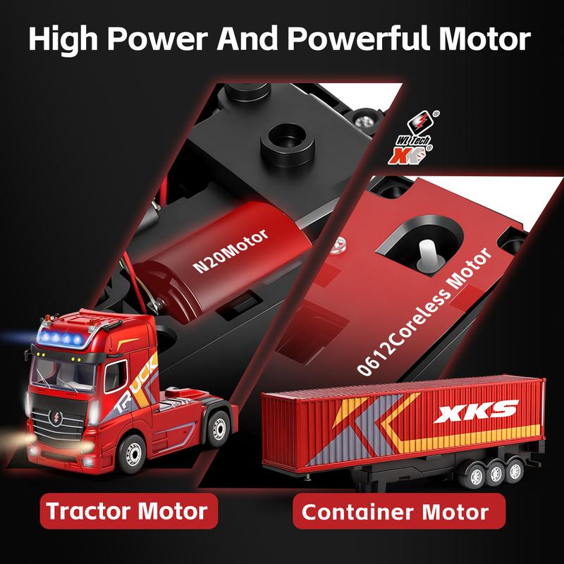 Mini RC Semi Truck with Detachable Container Trailer, HOTFREE 1:64 Scale Red 2.4GHz Remote Control Vehicle with LED Headlights for Indoor Play and Display