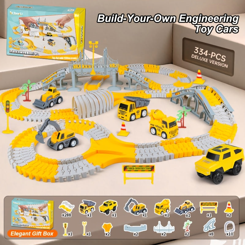 Kids Electric Track Car Toy Set Engineering Race Track with Elevated Bridge Tunnel Roller Coaster Scene Building Assembly – Birthday Gift Boys Girls Ages 3-8
