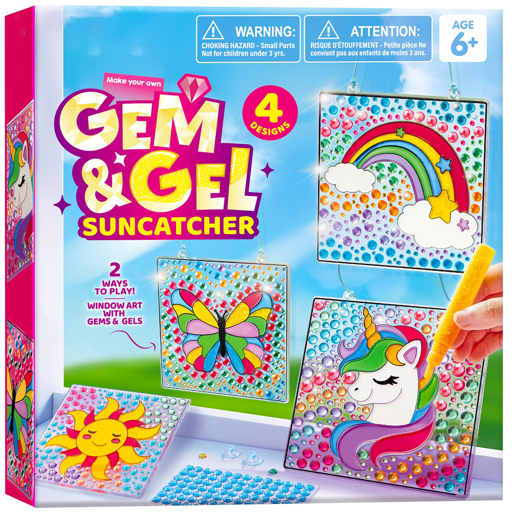 4-Piece Suncatcher Painting Kit 2-in-1 Gem Stickers and Window Paint Pens Butterfly Unicorn Rainbow Sun Designs Arts Crafts Gift for Girls Boys Ages 6 Plus