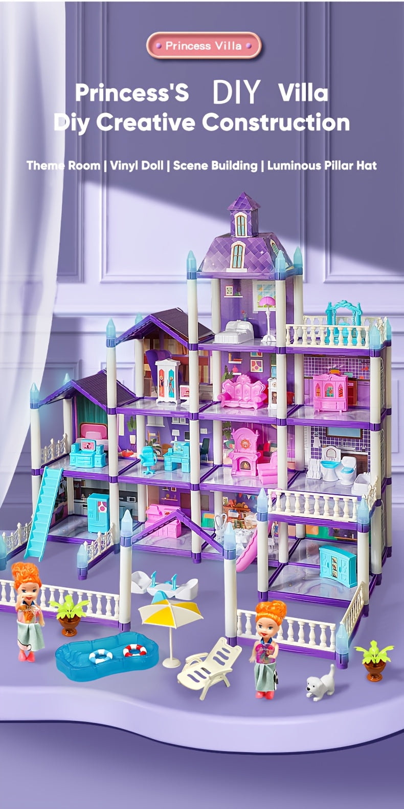 Dollhouse for Girls Ages 3-10 with Doll Figures Puppies Furniture Accessories LED Light - 6 to 16 Room Purple Playhouse, Imaginative Pretend Play Toy, Birthday Christmas Easter Gift for Girls