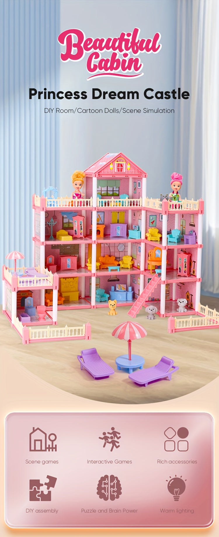 Dollhouse Princess Castle with Furniture – 11 to 27 Room Doll Villa Play Set for Girls Logical Thinking Toy Birthday Christmas Gift Kids Ages 3+ Pink Blue