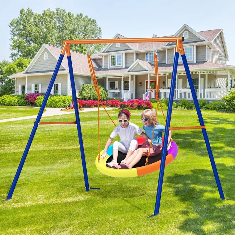 Saucer Swing Set with Stand for Kids, AOWOS Metal A-Frame Backyard Playset with Single, Double or Triple Swing Options for Outdoor Family Fun