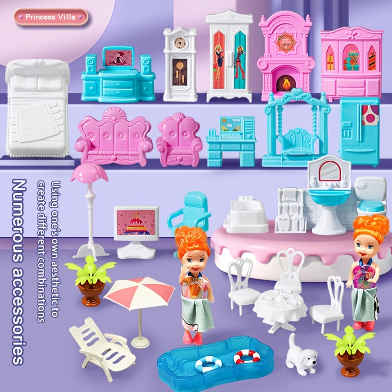 Dollhouse for Girls Ages 3-10 with Doll Figures Puppies Furniture Accessories LED Light - 6 to 16 Room Purple Playhouse, Imaginative Pretend Play Toy, Birthday Christmas Easter Gift for Girls
