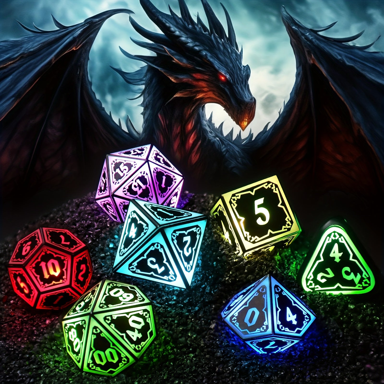 LED DND Dice Set with Wireless Rechargeable Charging Case 7 Polyhedral Glowing Dice – D4 D6 D8 D10 D12 D20 D100 for RPG Tabletop Games, Clear Numbers, 6Hr Battery, Christmas Halloween Gift
