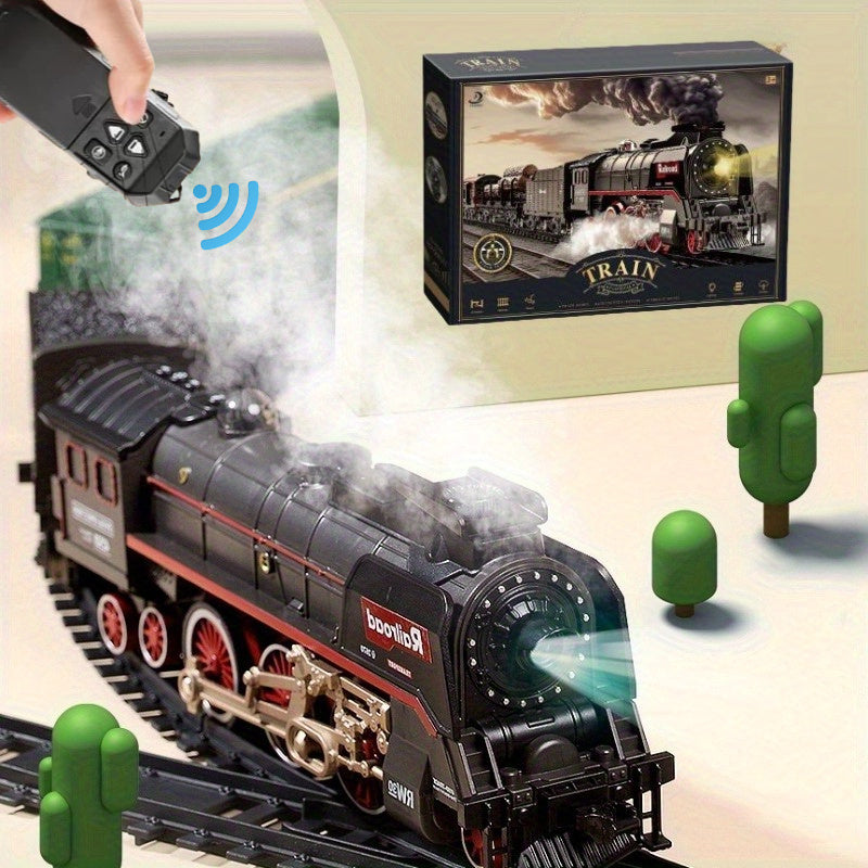 T627A Retro Steam Train Set with LED Lights, Smoke Spray & Realistic Sound Effects – 7-Piece USB Rechargeable Electric Train Toy Gift